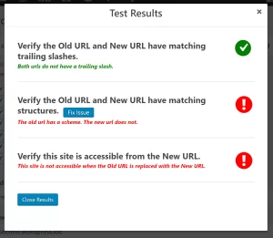 Example of tests results when a URL fails during testing.