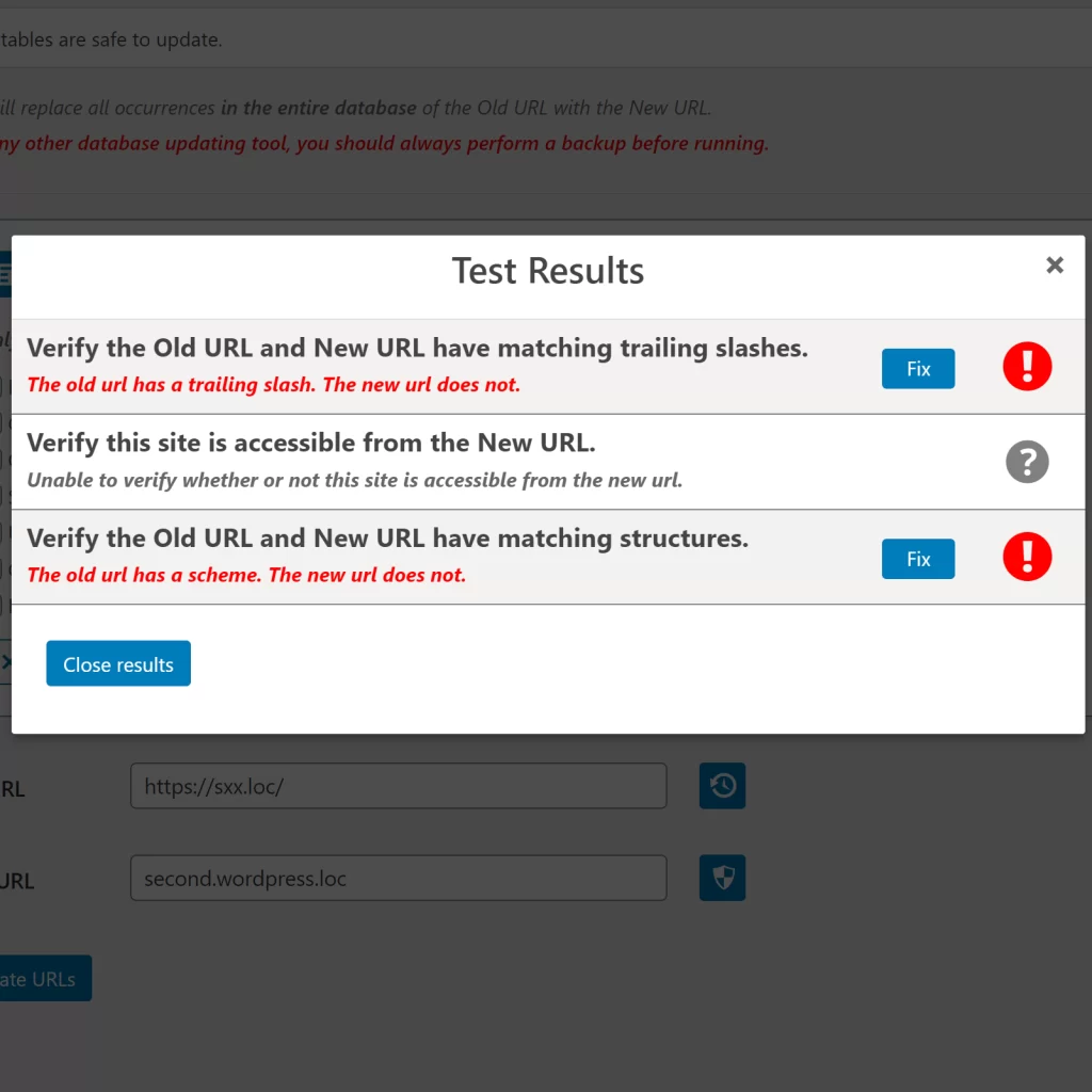 Example test results when a URL fails during testing