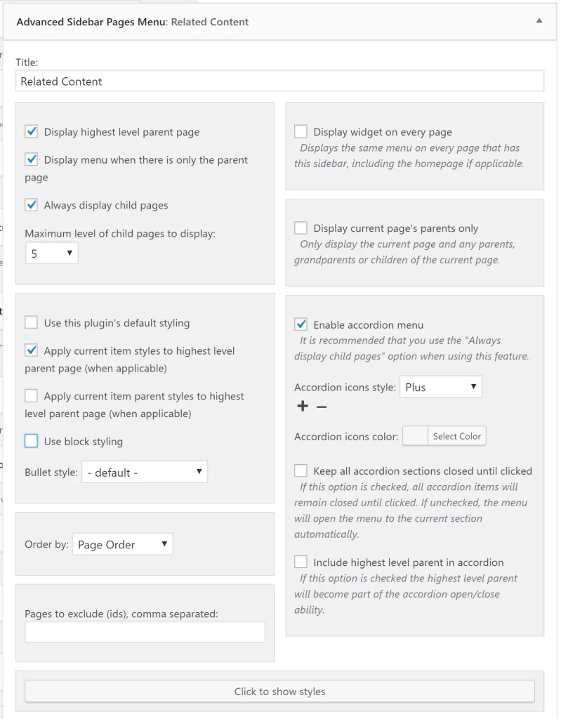 pages menu options