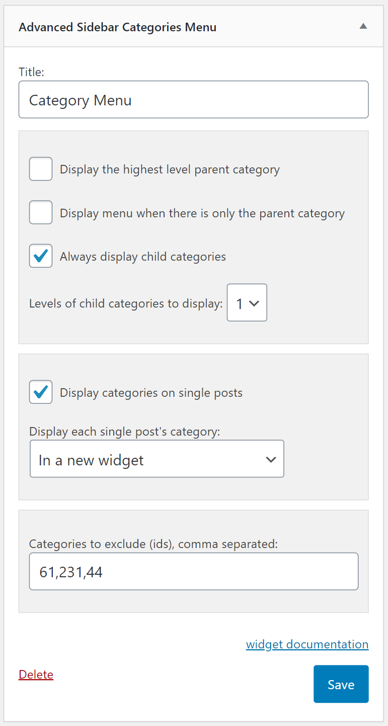 Categories widget settings