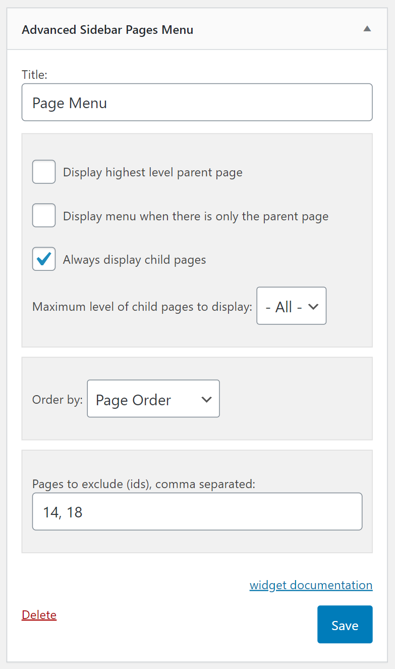 Page menu settings