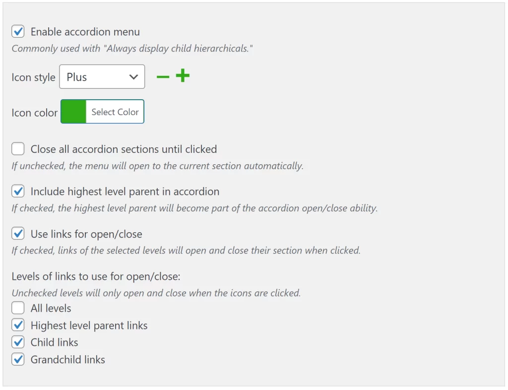 Accordion settings available on all widgets.